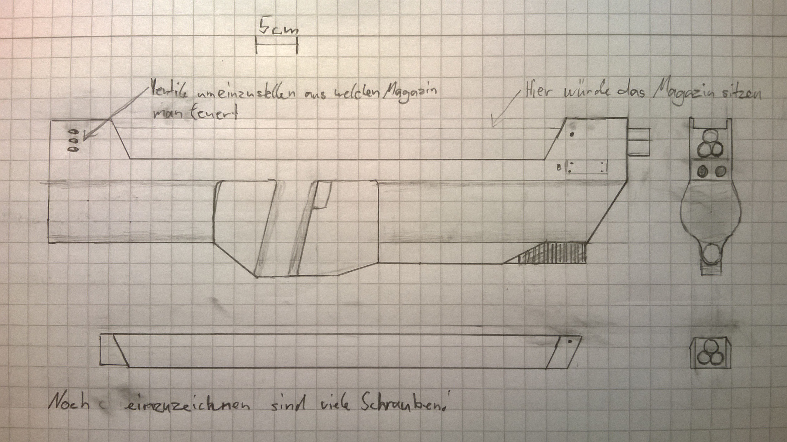 Version 1 des FTSG
3 Magazine a 20 Darts a 2,5cm Lange Darts.